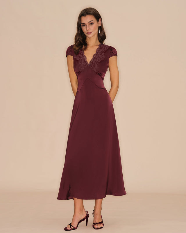 Wine Red V-Neck Lace Maxi Dress Flattering A-Line Fit - 2