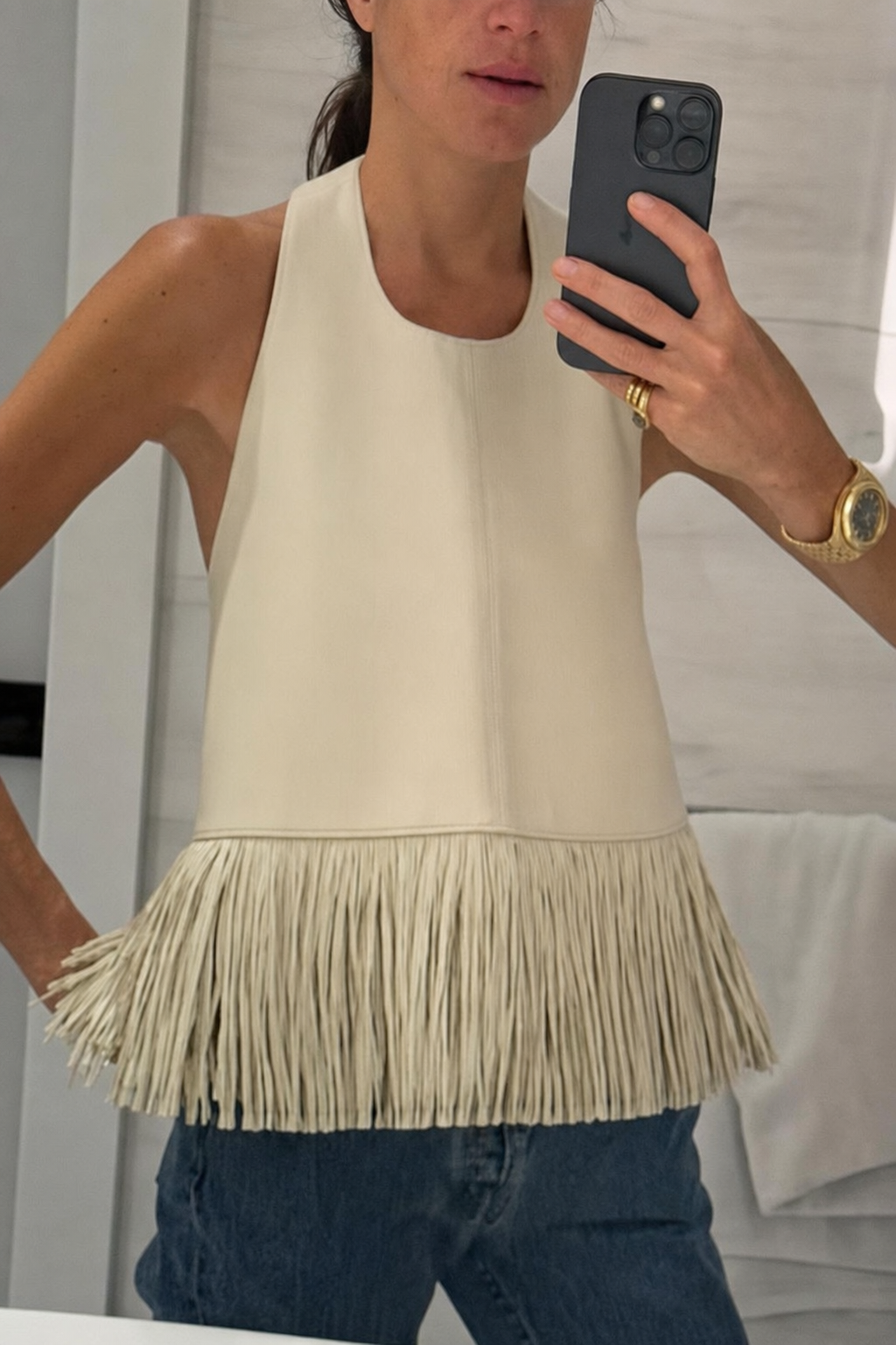 Edgy Faux Leather Halter Neck Tassel Top - 10