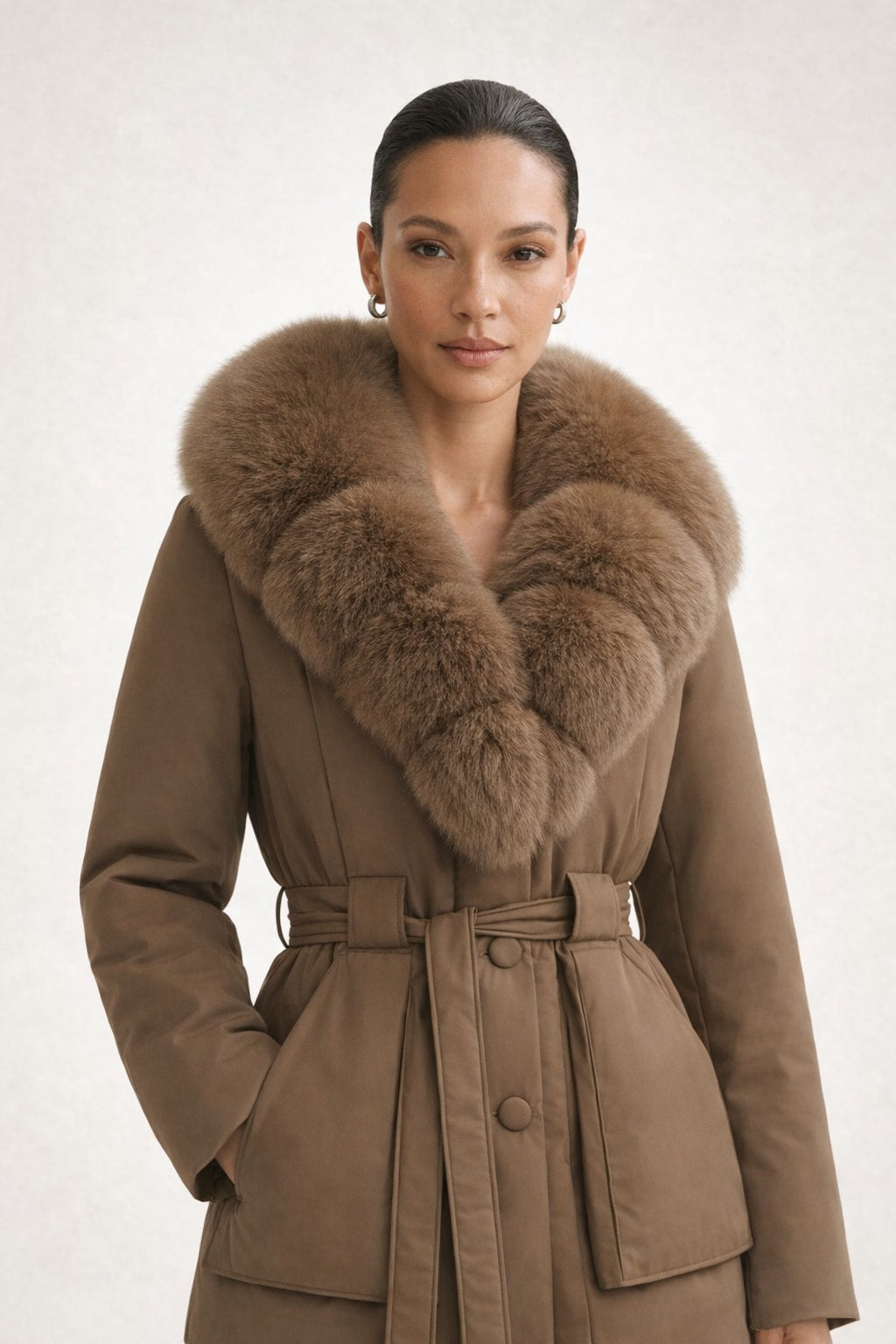 Down Jacket With Fox Fur Collar And Belt - 12
