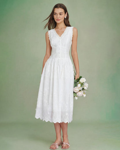 White V-neck embroidered cotton midi dress - view 2