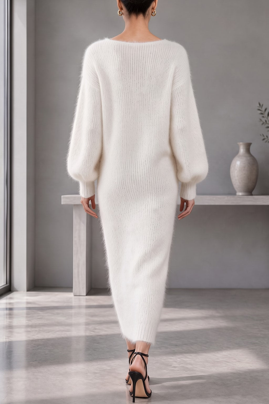 Knit Sweater Midi Dress With Balloon Sleeves - 3