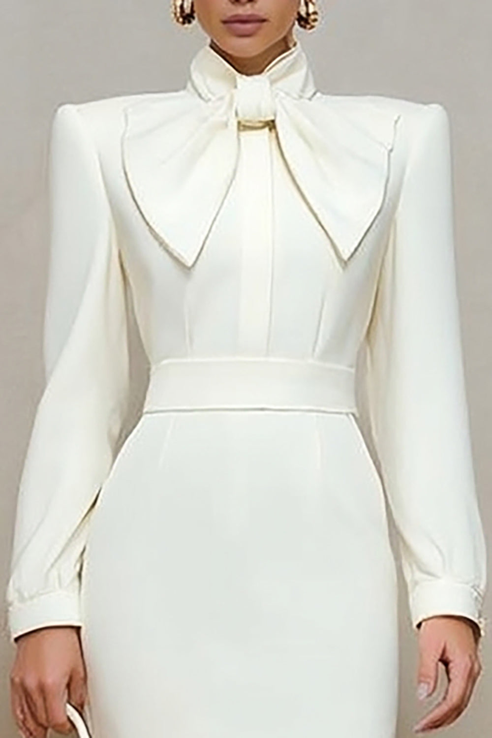 Satin pencil work dress with high-neck bow - view 4