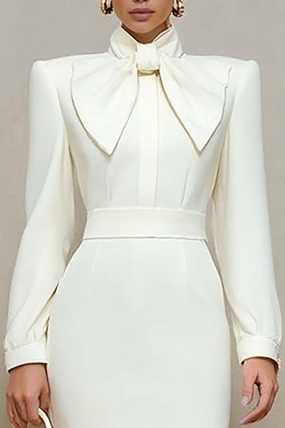 Satin pencil work dress with high-neck bow - view 4