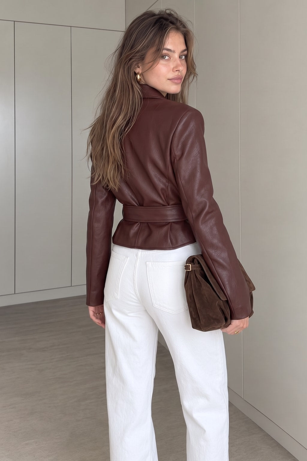 Lapel Faux Leather Belted Crop Jacket - 3