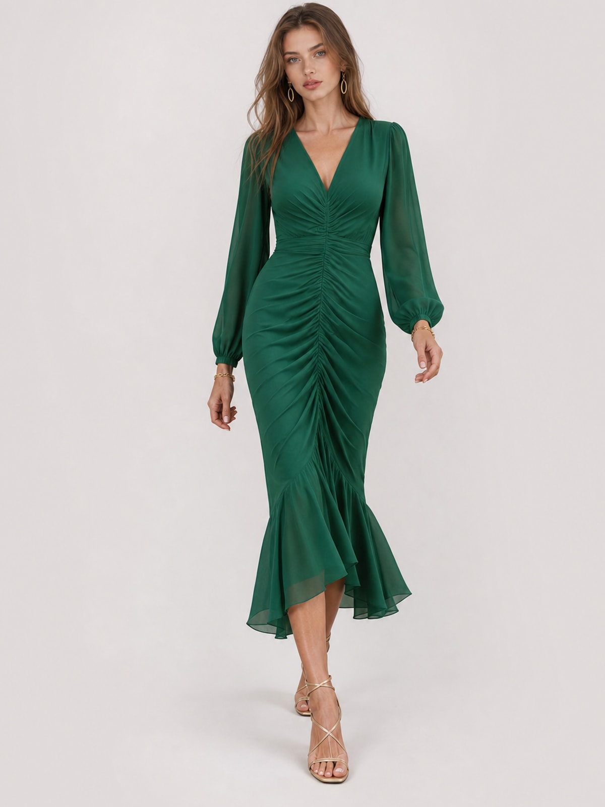 Elegant Satin Mermaid Maxi Dress With Long Sleeves - 2