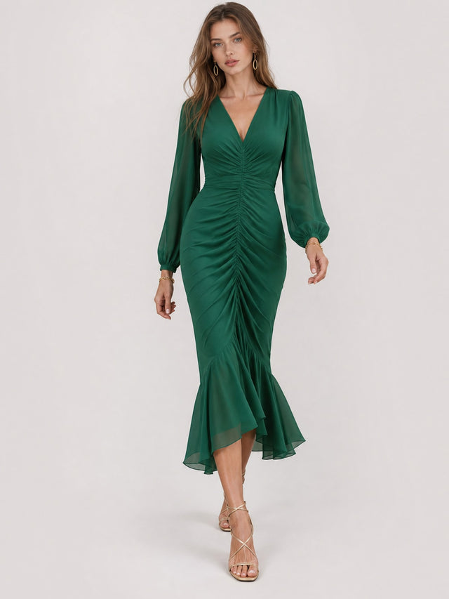 Elegant Satin Mermaid Maxi Dress With Long Sleeves - 2