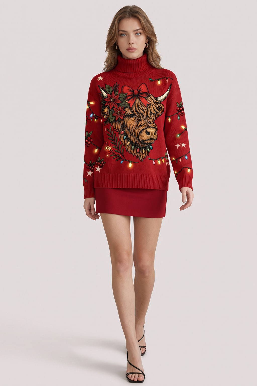 Red Knit Turtleneck Sweater With Festive Cow Graphic - 3