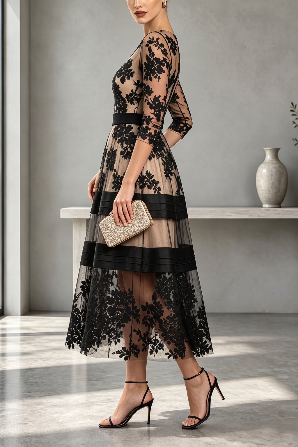 Mesh Colorblock Midi Dress With Boat Neck - 3