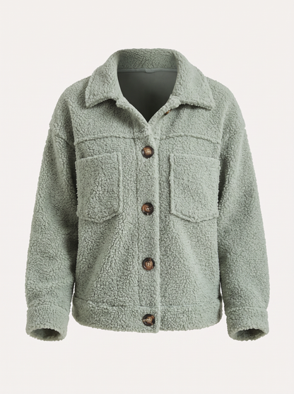 Teddy fleece button-front shacket with patch pockets