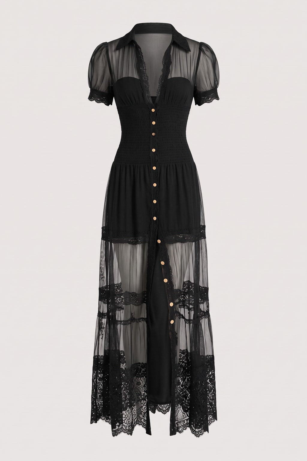 Polyester Shirt Dress With Lace Trim And Button Front - 1