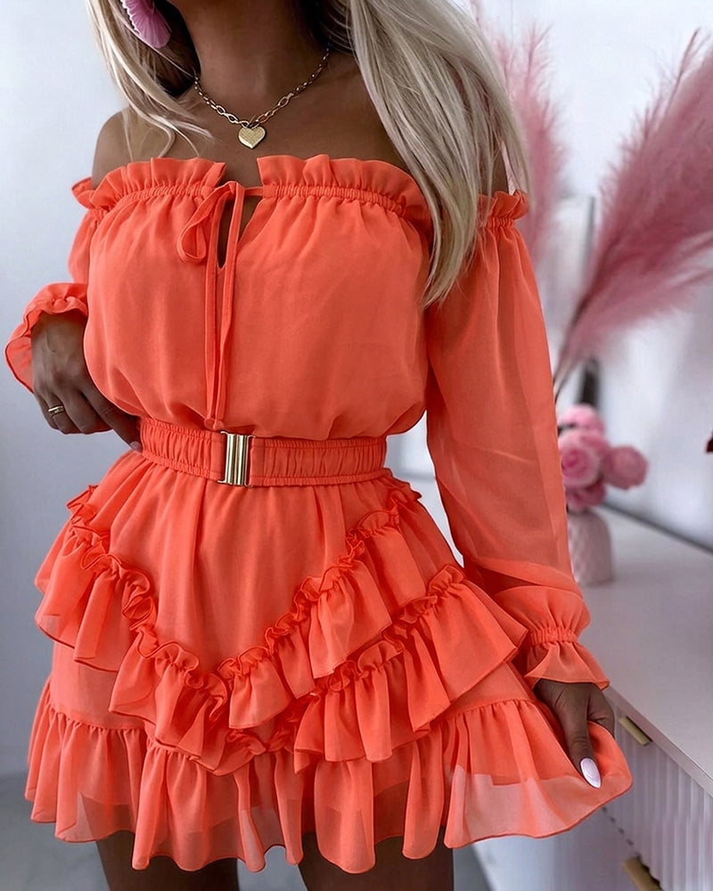 Off-Shoulder Chiffon Mini Dress with Ruffle Hem - view 3