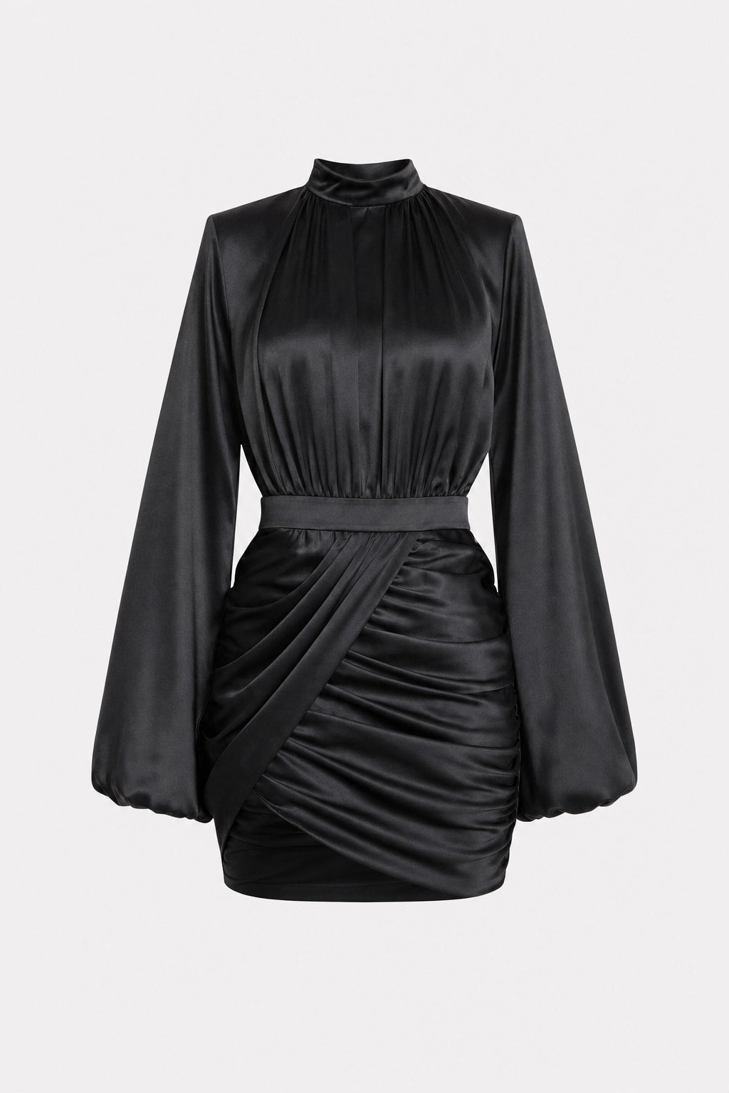 Satin Ruched Mini Dress With Puff Sleeves - 1