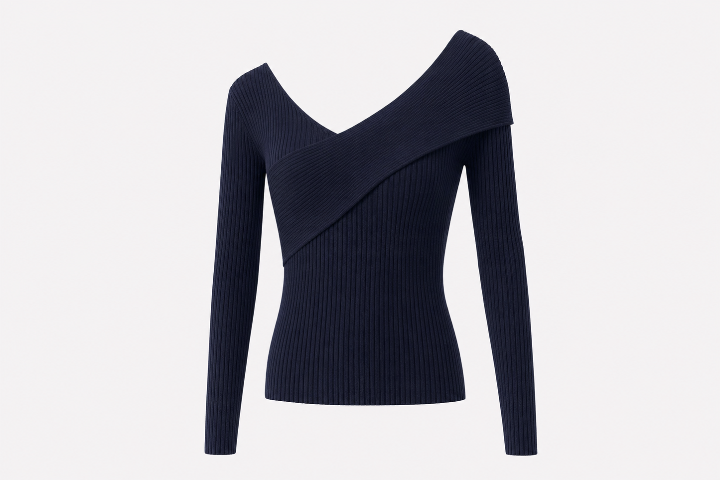 Navy Ribbed Knit V-Neck Long Sleeve Top