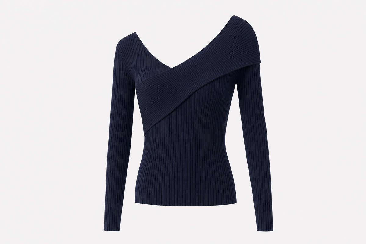 Navy Ribbed Knit V-Neck Long Sleeve Top