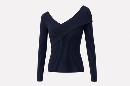 Navy Ribbed Knit V-Neck Long Sleeve Top
