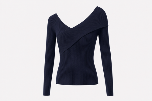 Navy Ribbed Knit V-Neck Long Sleeve Top