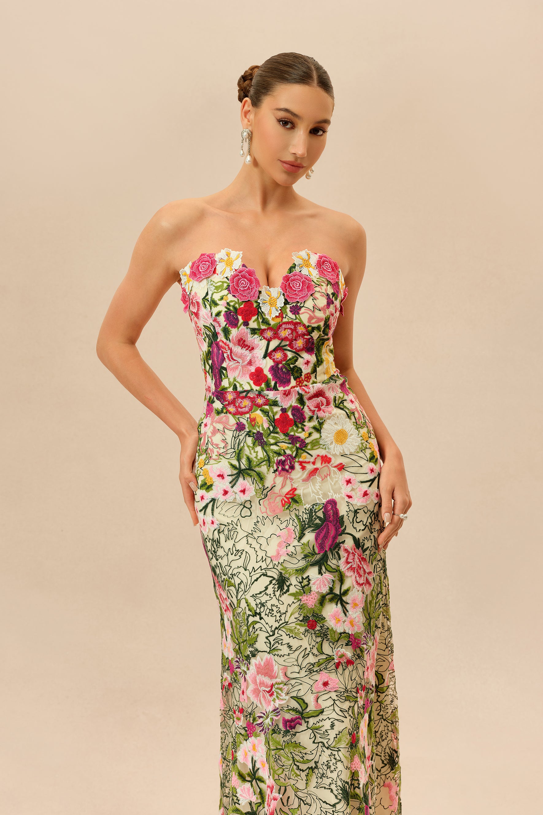 Floral Embroidered Strapless Maxi Dress - view 3