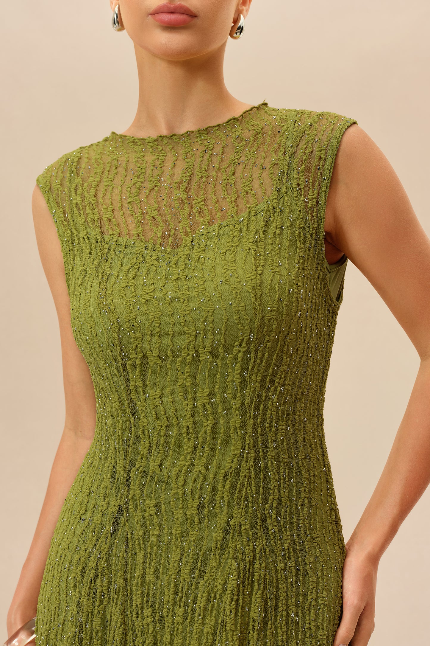 Olive rhinestone mesh maxi dress with cap sleeves - view 3