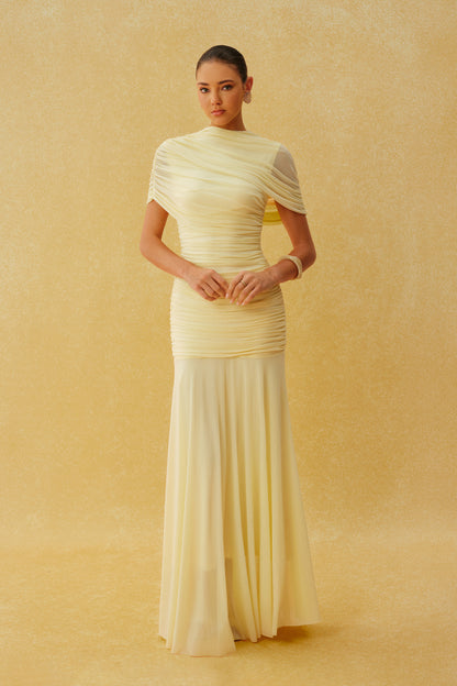 Yellow knit ruched maxi dress with cape sleeves - view 5