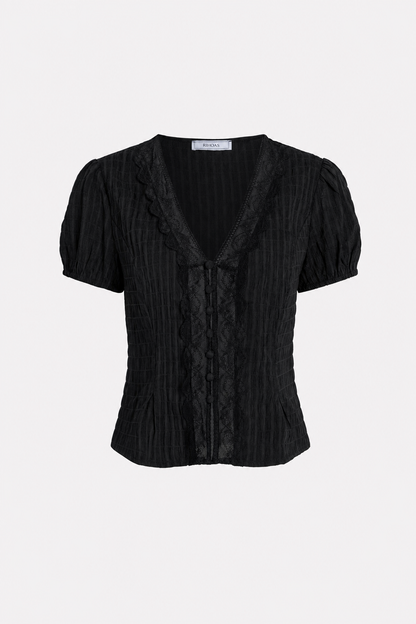 Black Jacquard Puff Sleeve Blouse with Lace Trim