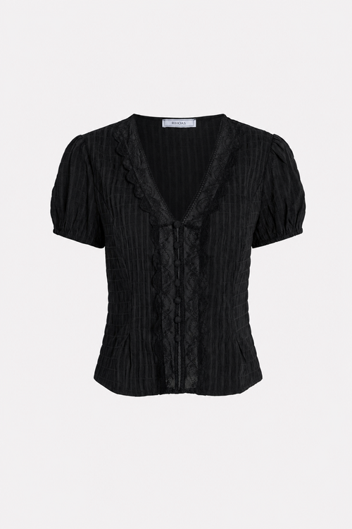 Black Jacquard Puff Sleeve Blouse with Lace Trim
