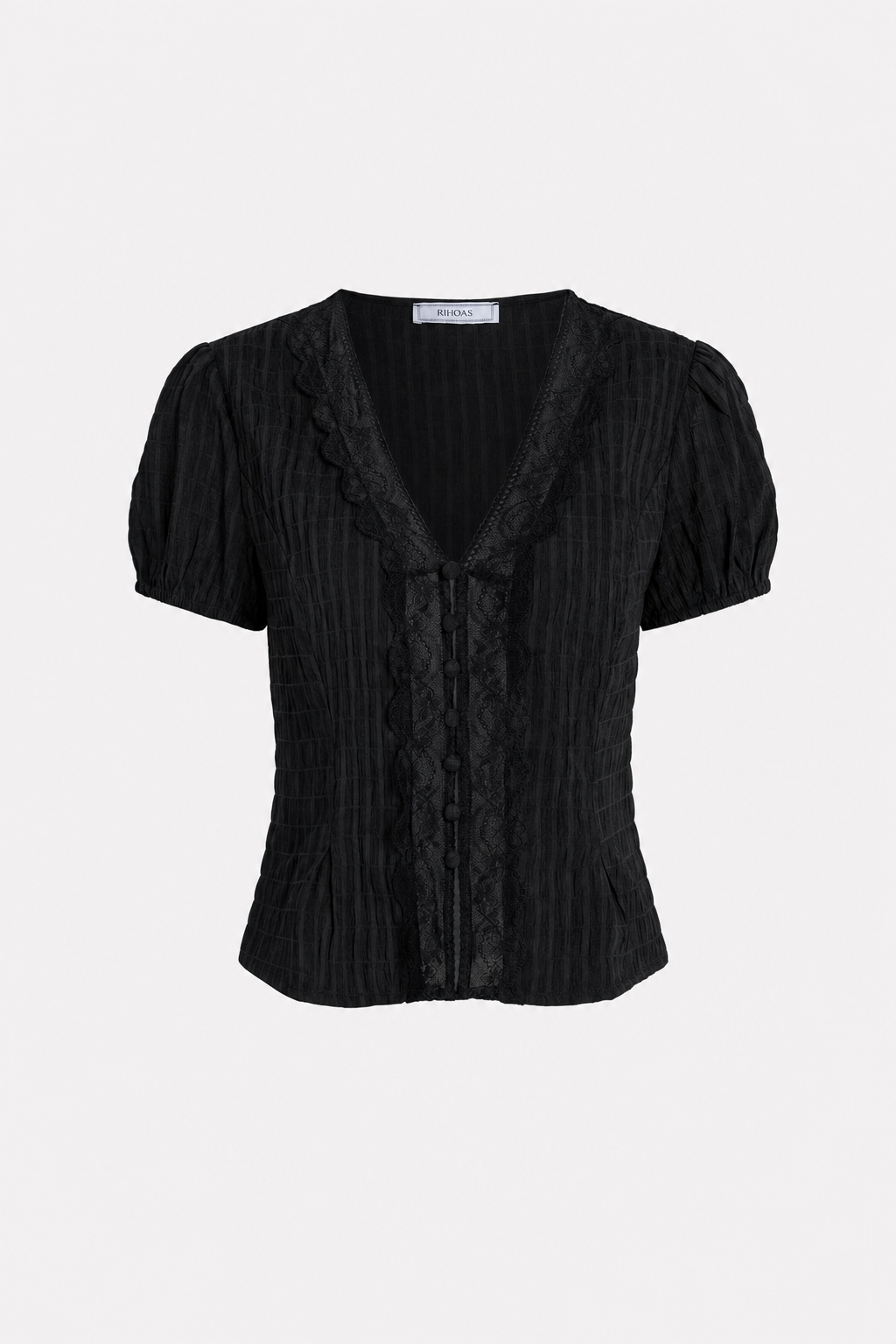 Black Jacquard Lace Blouse Puff Sleeve Button-Front Top - 1