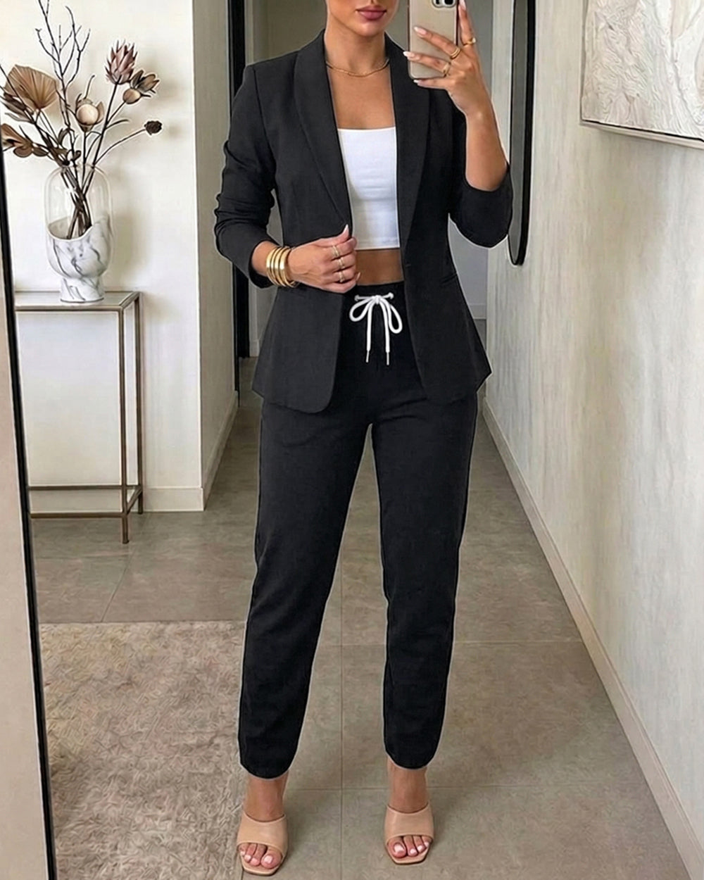 Black Shawl Collar Blazer and Pants Set - view 3