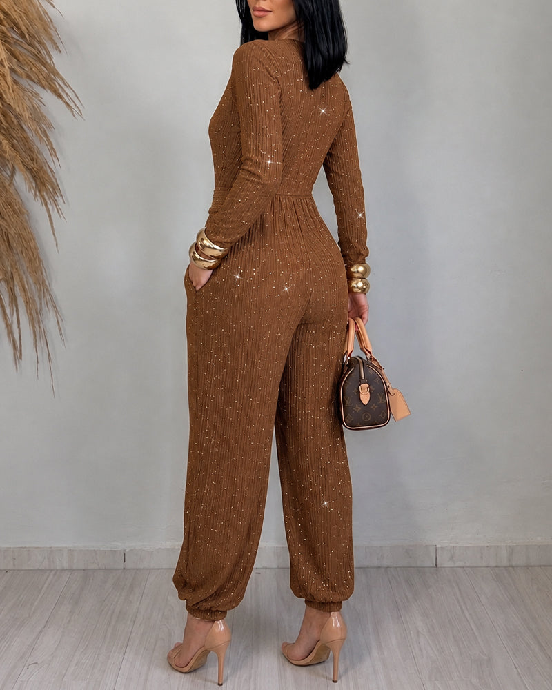 Brown Wrap V-Neck Jumpsuit with Tie Belt - view 4