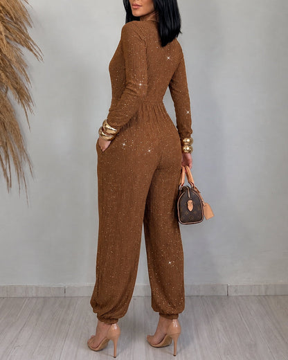 Brown Wrap V-Neck Jumpsuit with Tie Belt - view 4