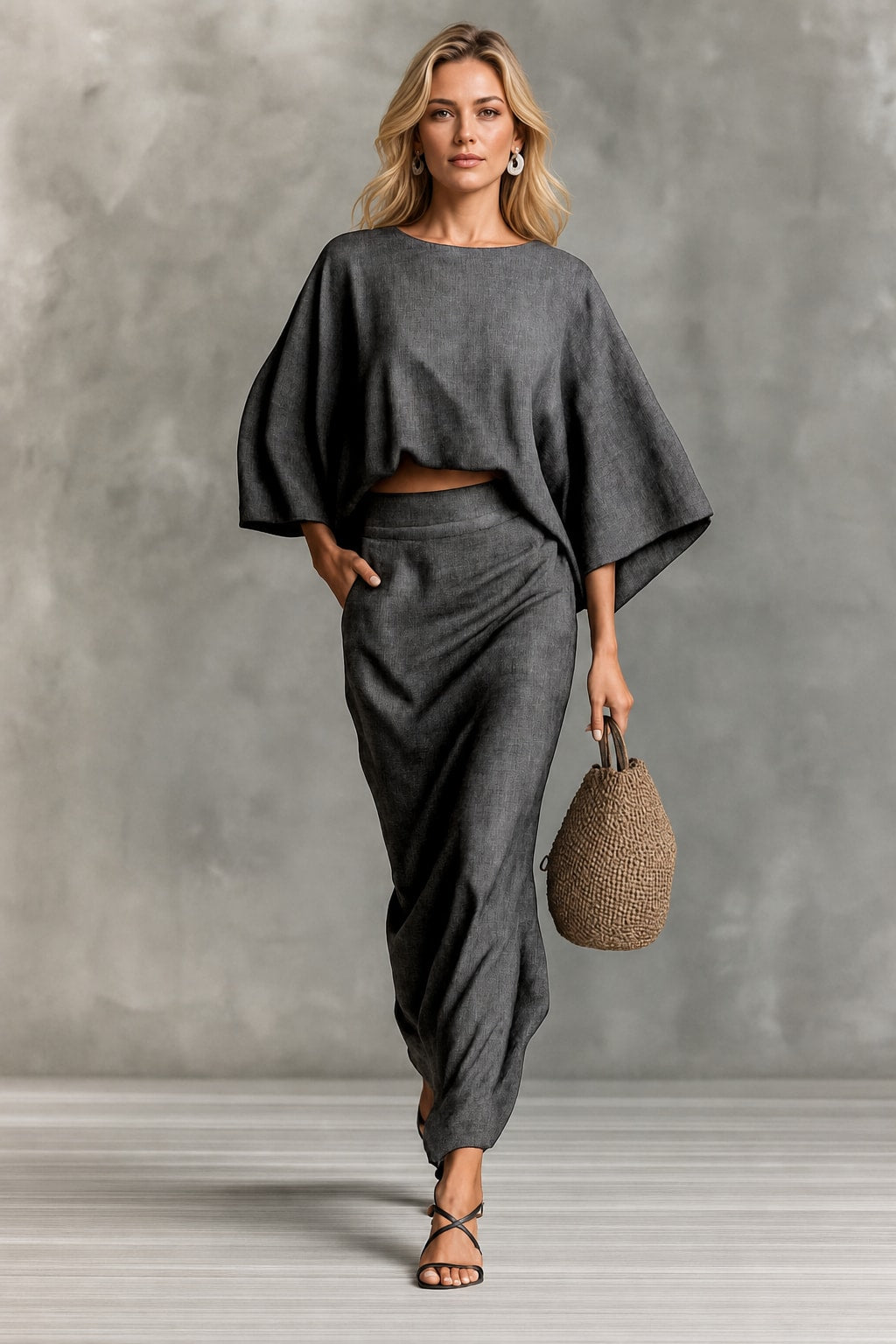 Linen-Blend Batwing Sleeve Top and Maxi Skirt Set - 3
