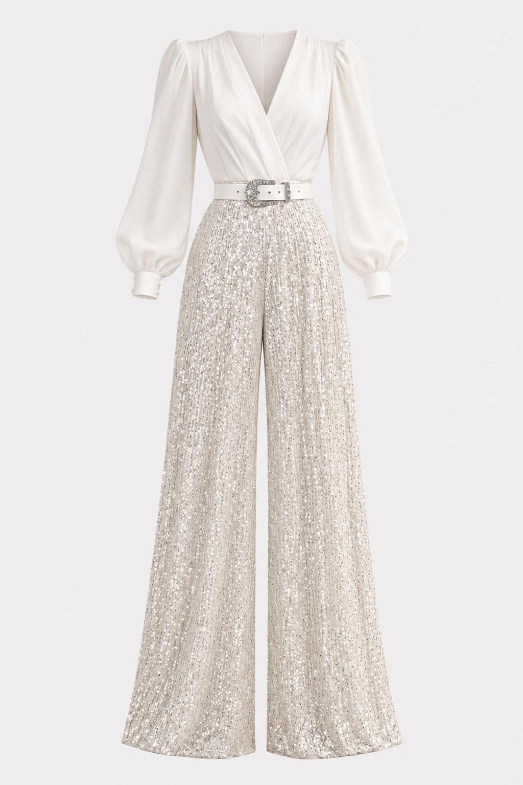 Polyester Sequin Wide-Leg Jumpsuit with Crossover V-Neck - 1