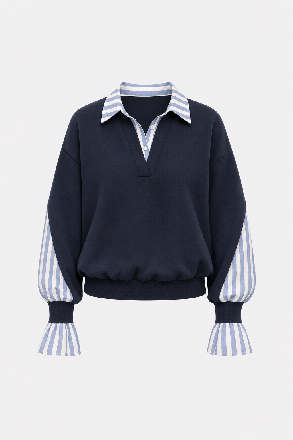 Cotton Striped Patchwork Sweatshirt with Collar - view 6