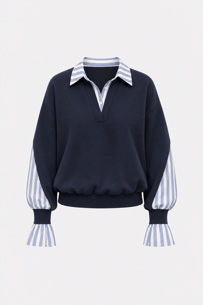 Cotton Striped Patchwork Sweatshirt with Collar - view 6