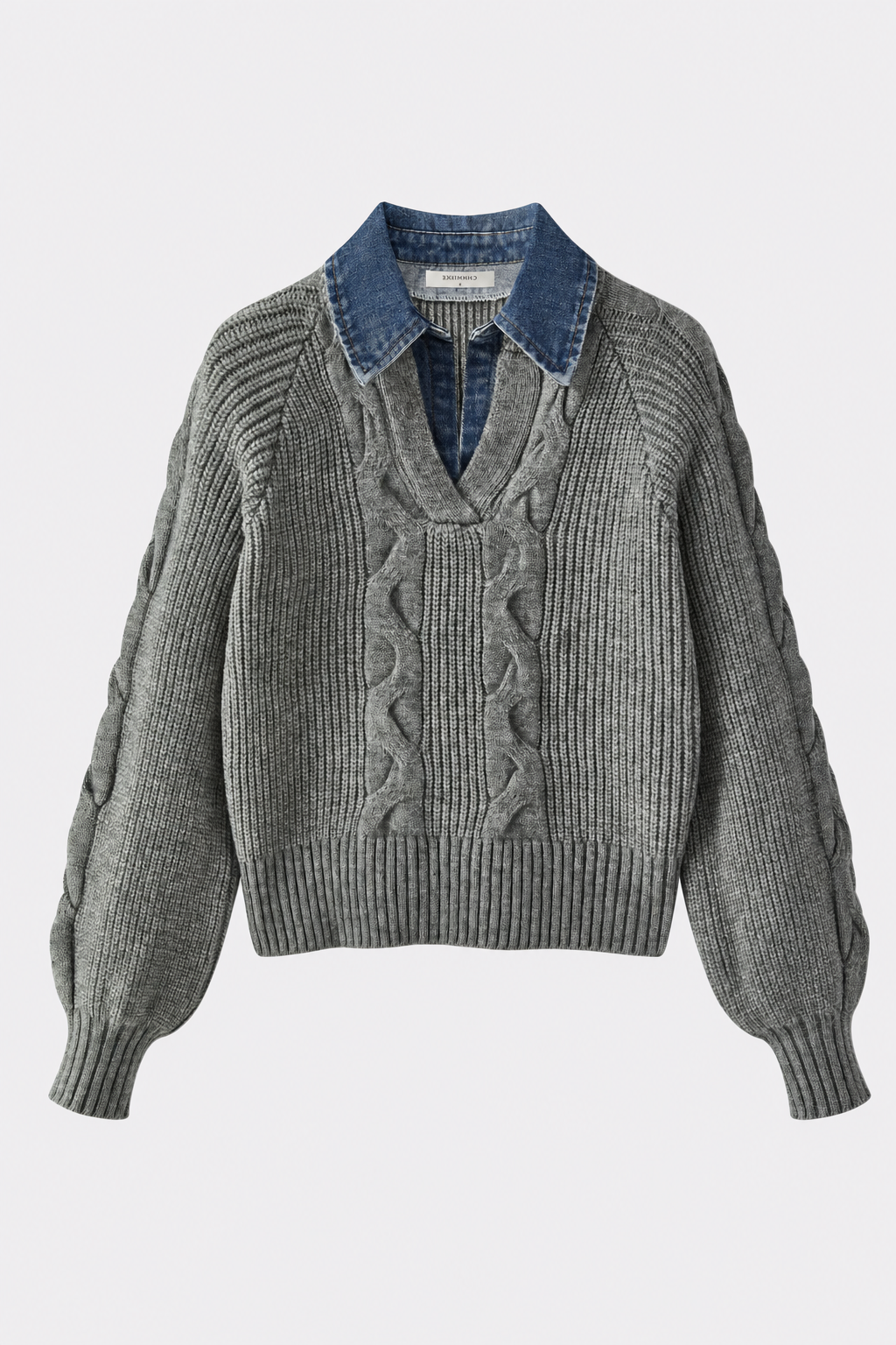 Denim Panel Sweater with Ribbed Lapel