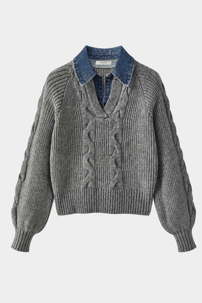 Denim Panel Sweater with Ribbed Lapel