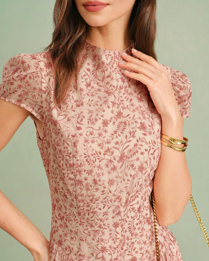 Pink Floral Mock Neck Maxi Dress, Cap Sleeves - view 3