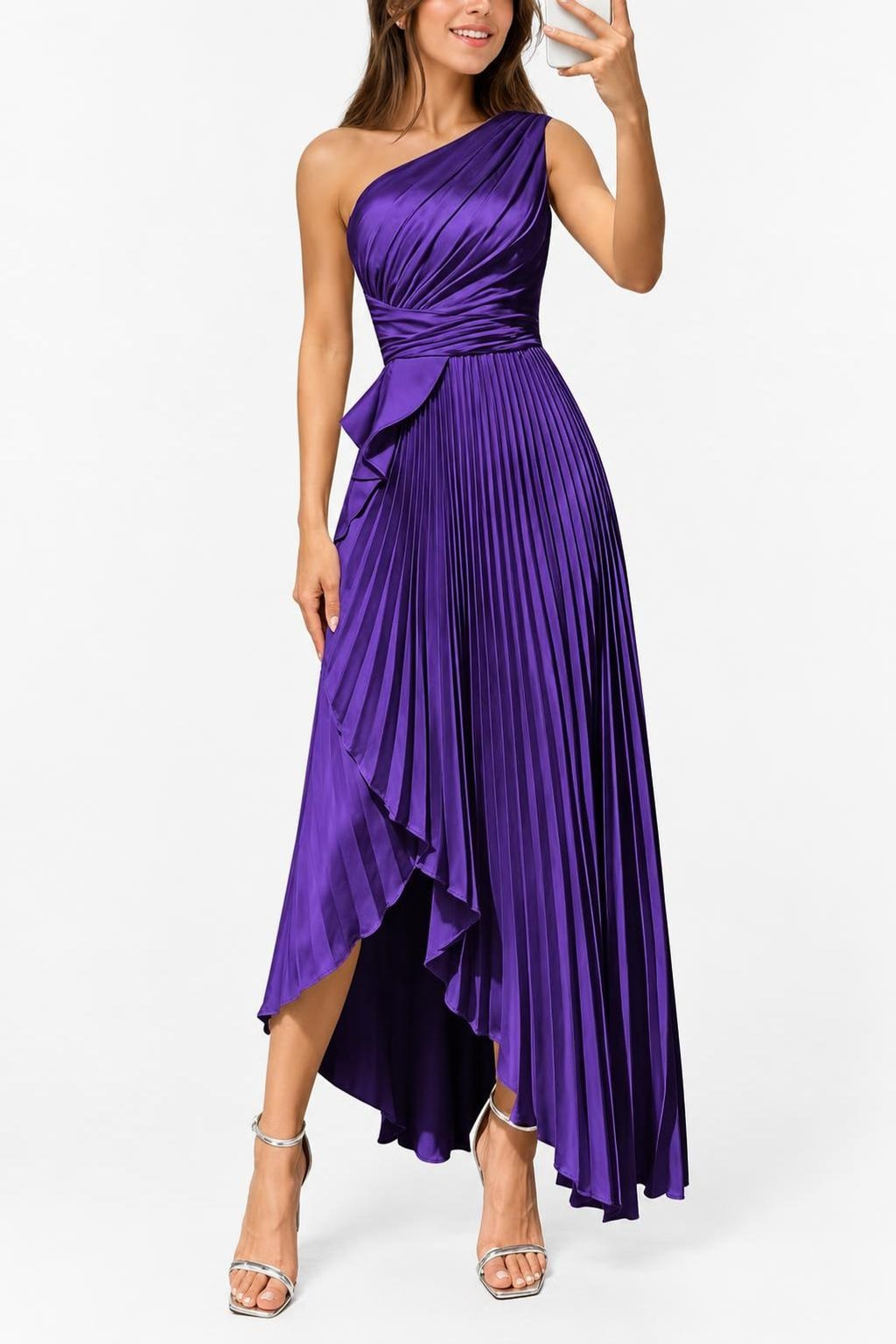 Satin Maxi Dress With One-Shoulder Neckline - 18