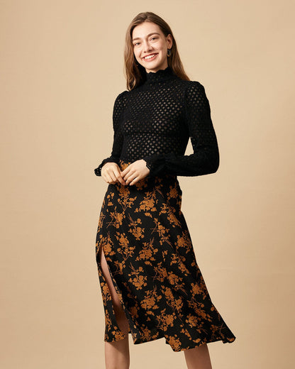 Black Floral High-Waist A-Line Midi Skirt - view 5