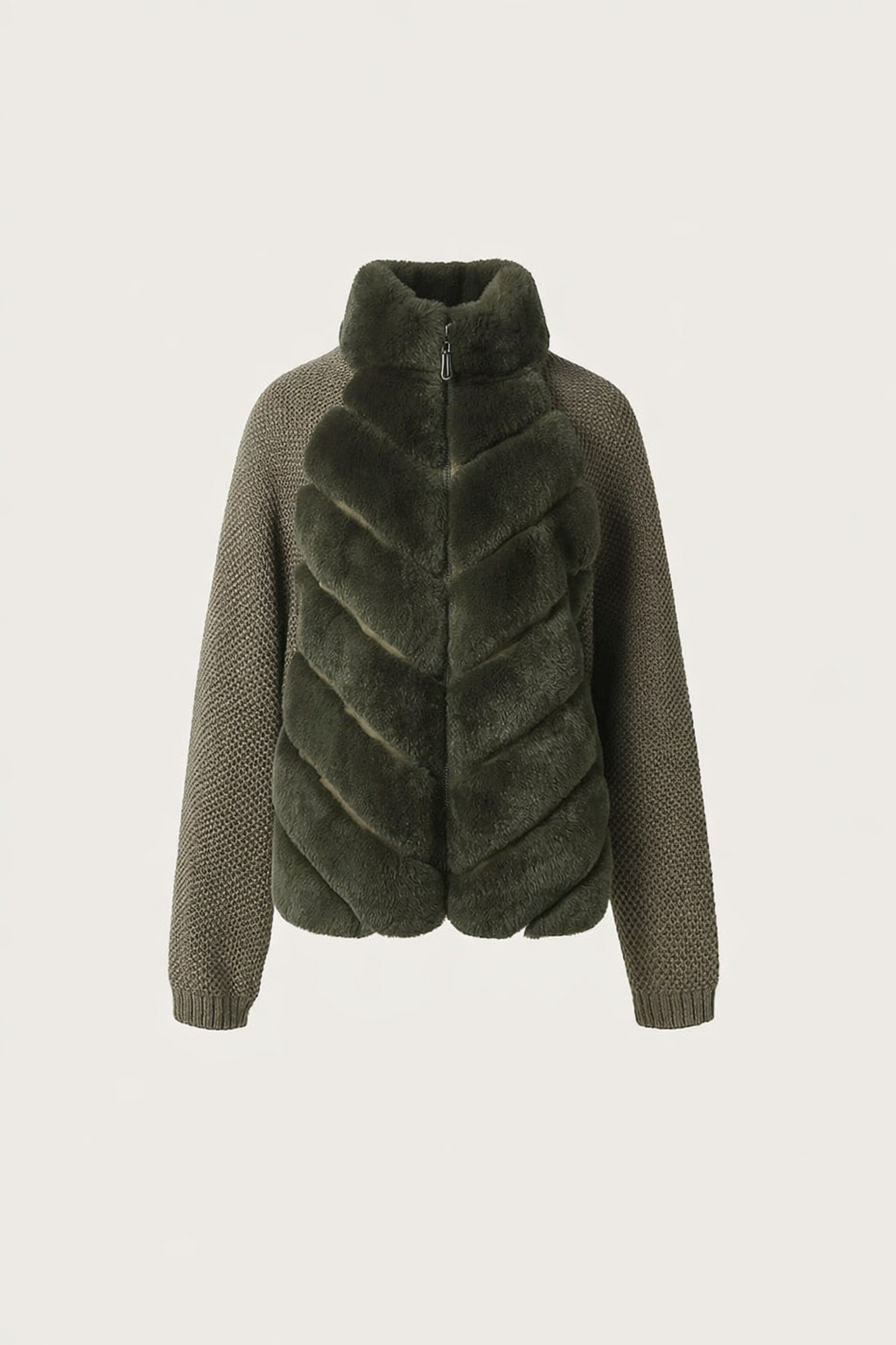 Faux Fur Patchwork Knit Jacket With Zipper Closure - 1