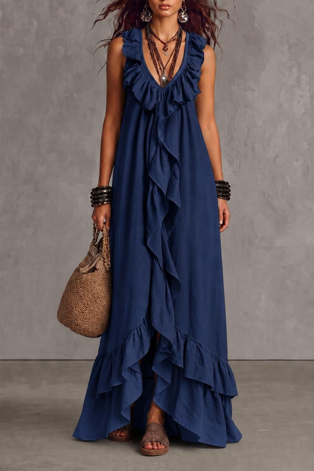 Terylene Maxi Dress With Ruffle Trim - 7