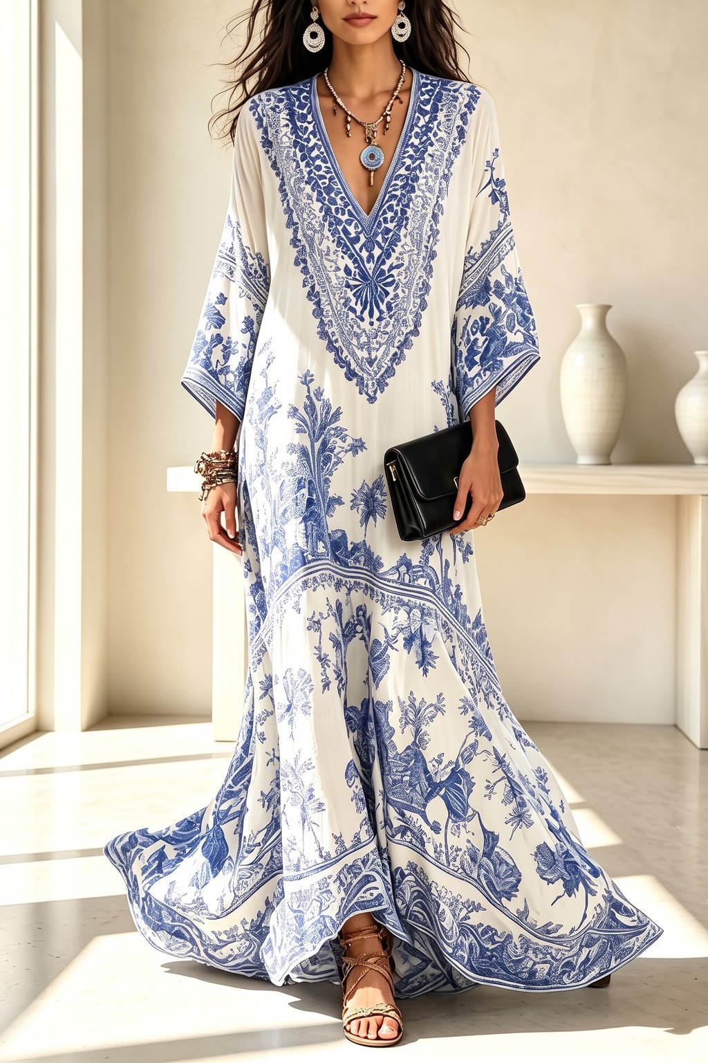 Polyester Maxi Dress With Wide Sleeves And V-Neck - 5
