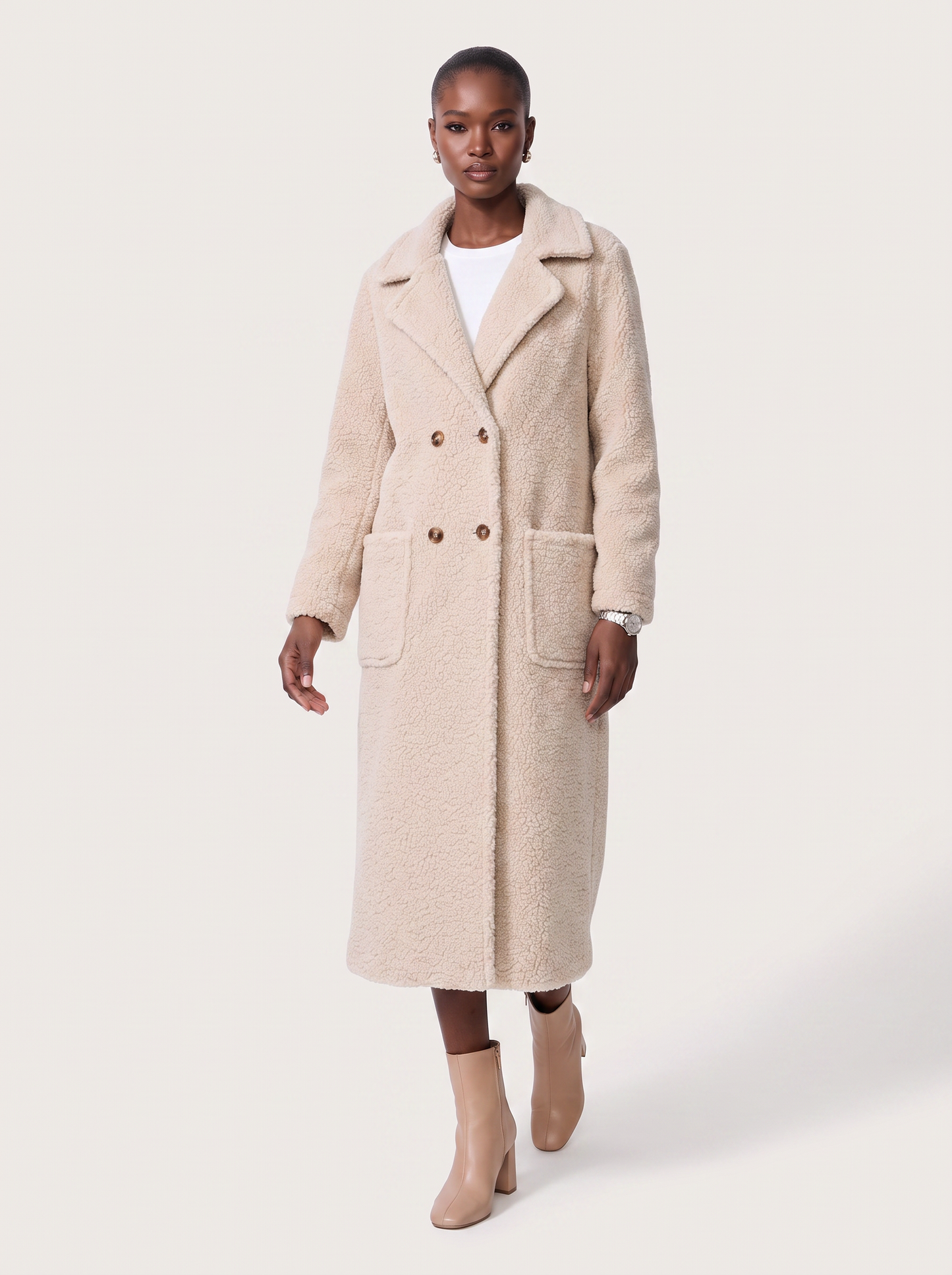 Long double breasted teddy coat with notch lapel - view 2