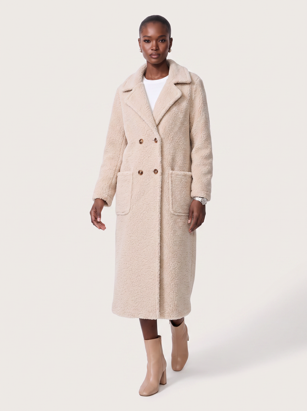 Long double breasted teddy coat with notch lapel - view 2