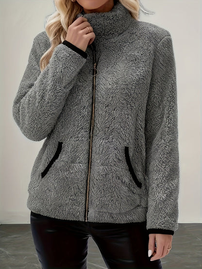 Plush Fleece Zip-Up Jacket With Contrast Trim - view 2