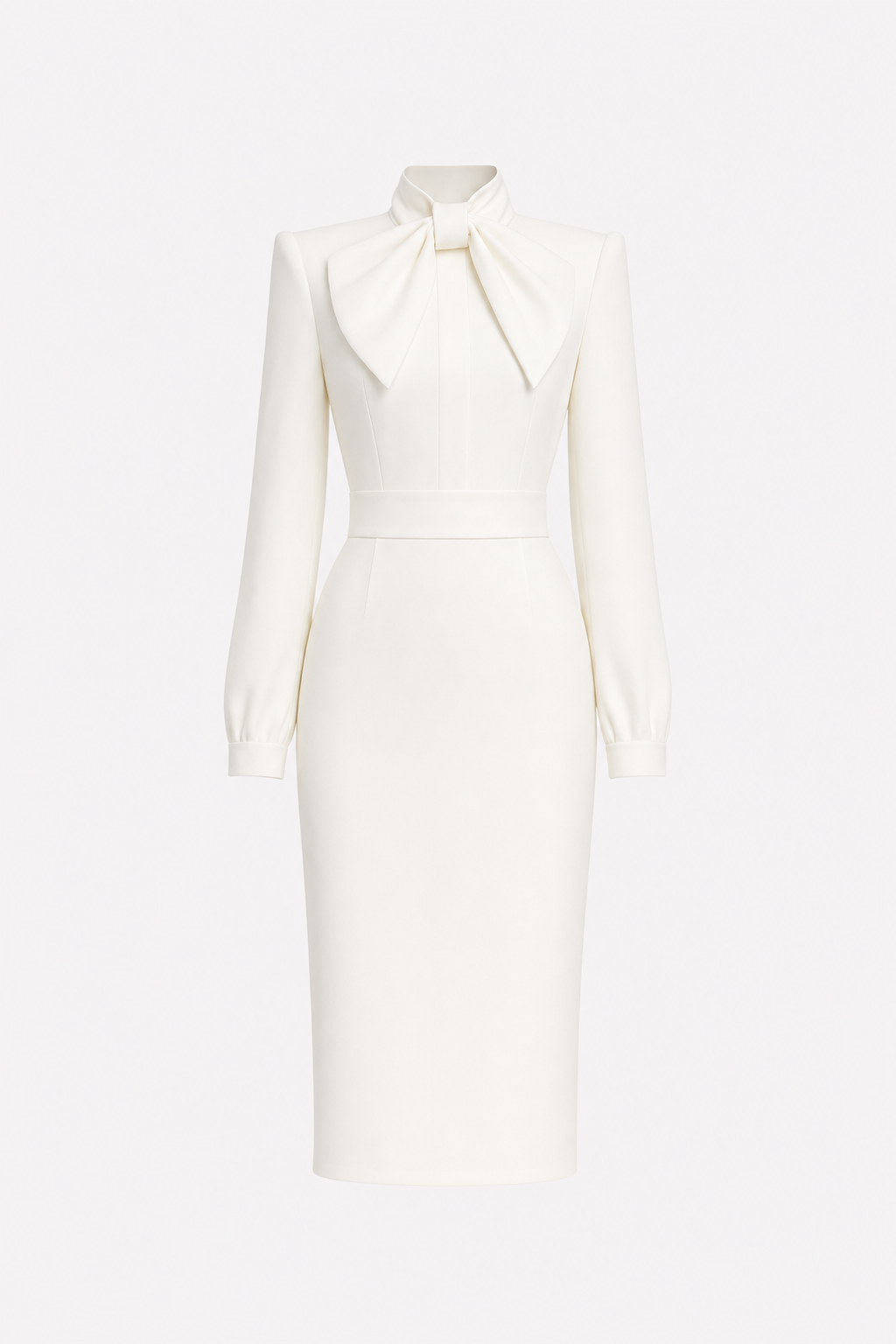 Satin pencil work dress with high-neck bow