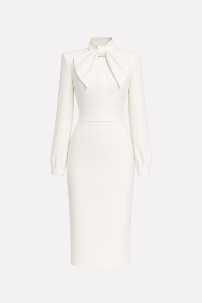 Satin pencil work dress with high-neck bow