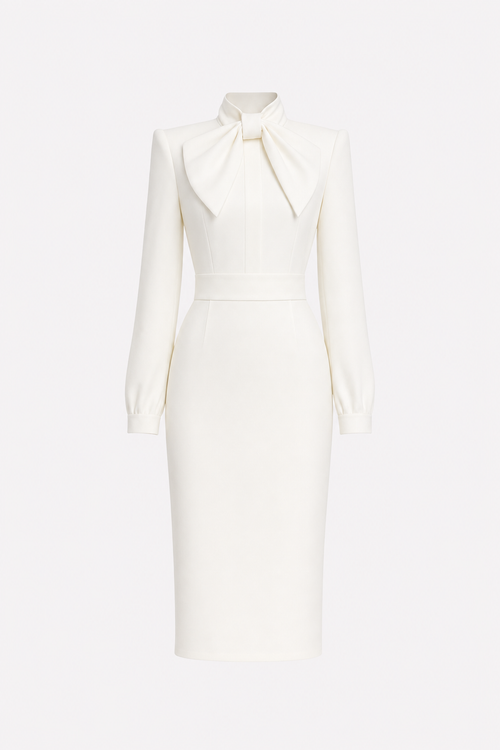 Satin pencil work dress with high-neck bow