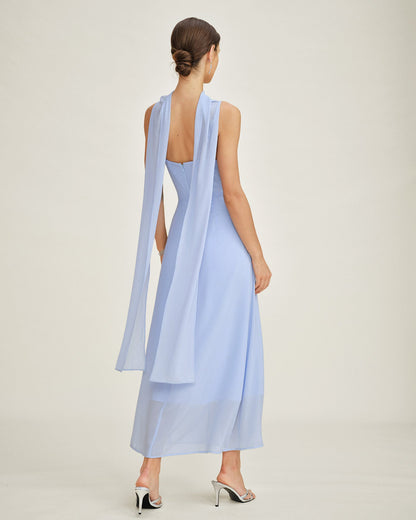 Blue Cowl Neck Chiffon Maxi Dress, Tie Back - view 4