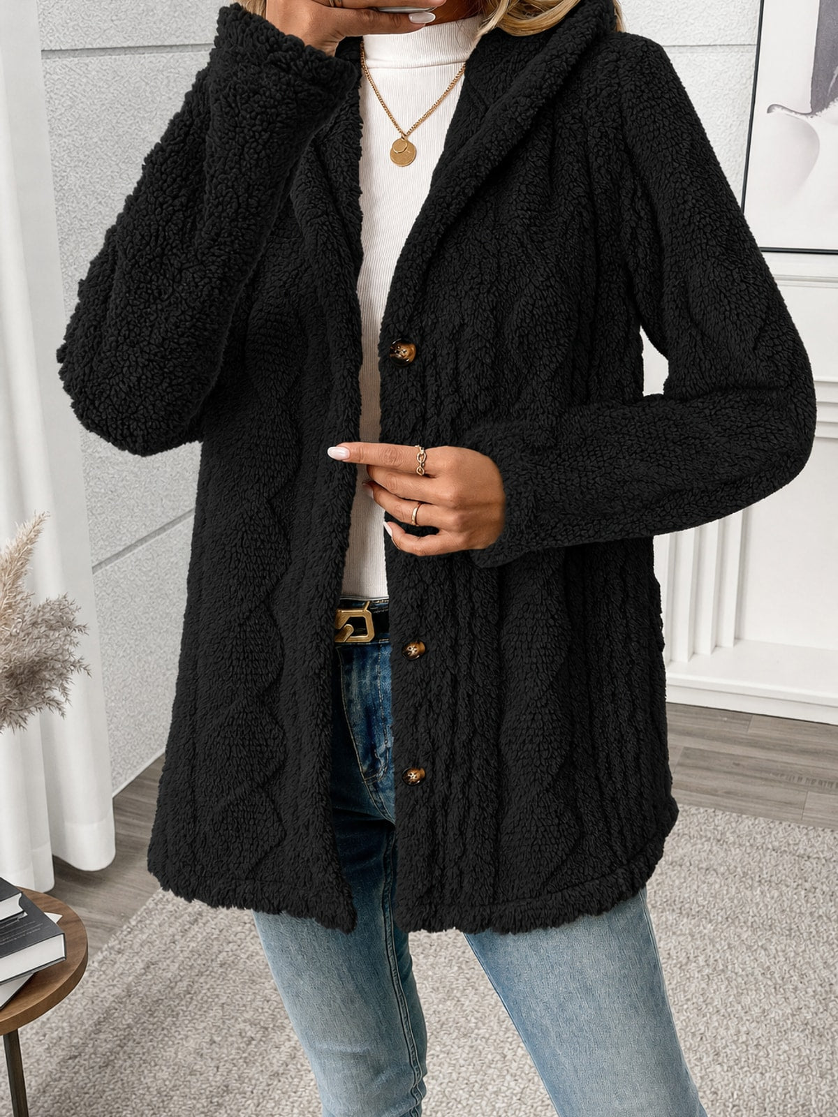 Textured Button Front Coat With Cozy Relaxed Fit - 4