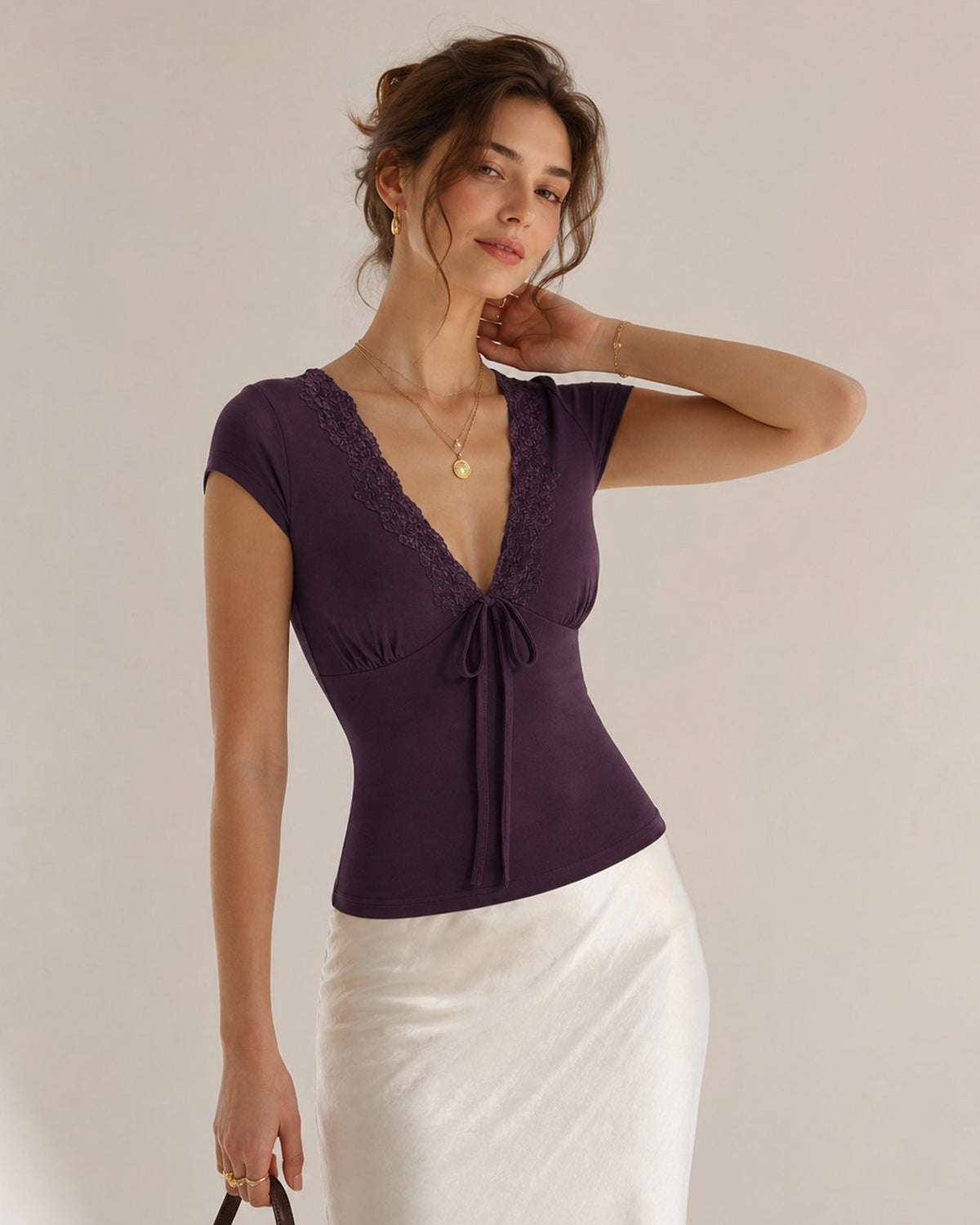 V-Neck Tie-Front Lace Tee With Slim Stretch Fit - 2